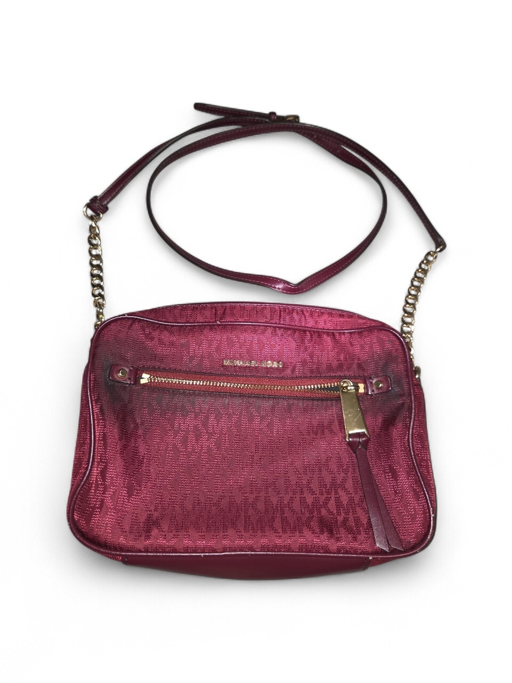 Michael Kors Wine Red Crossbody Bag with Gold Chain Strap Some Marks On Bag .